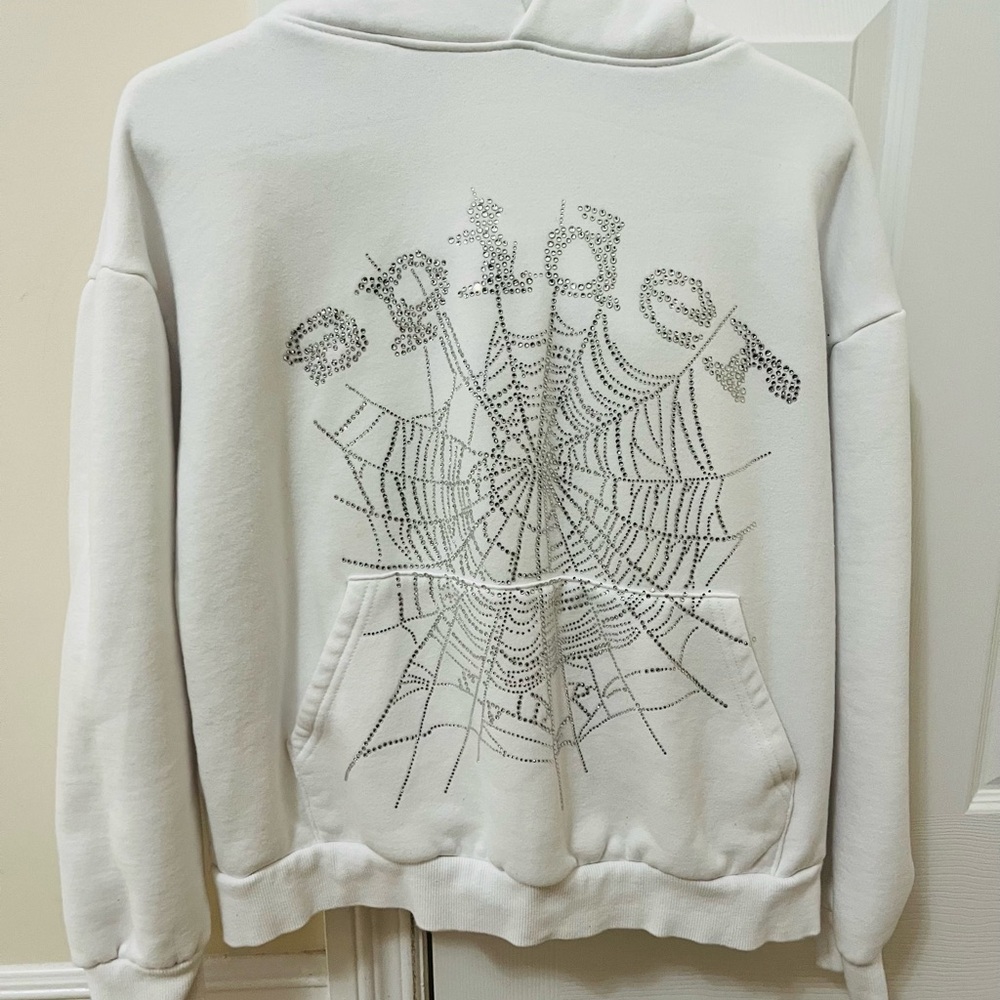 Sp5der OG Rhinestone Logo White Hoodie Sweatshirt Size Medium